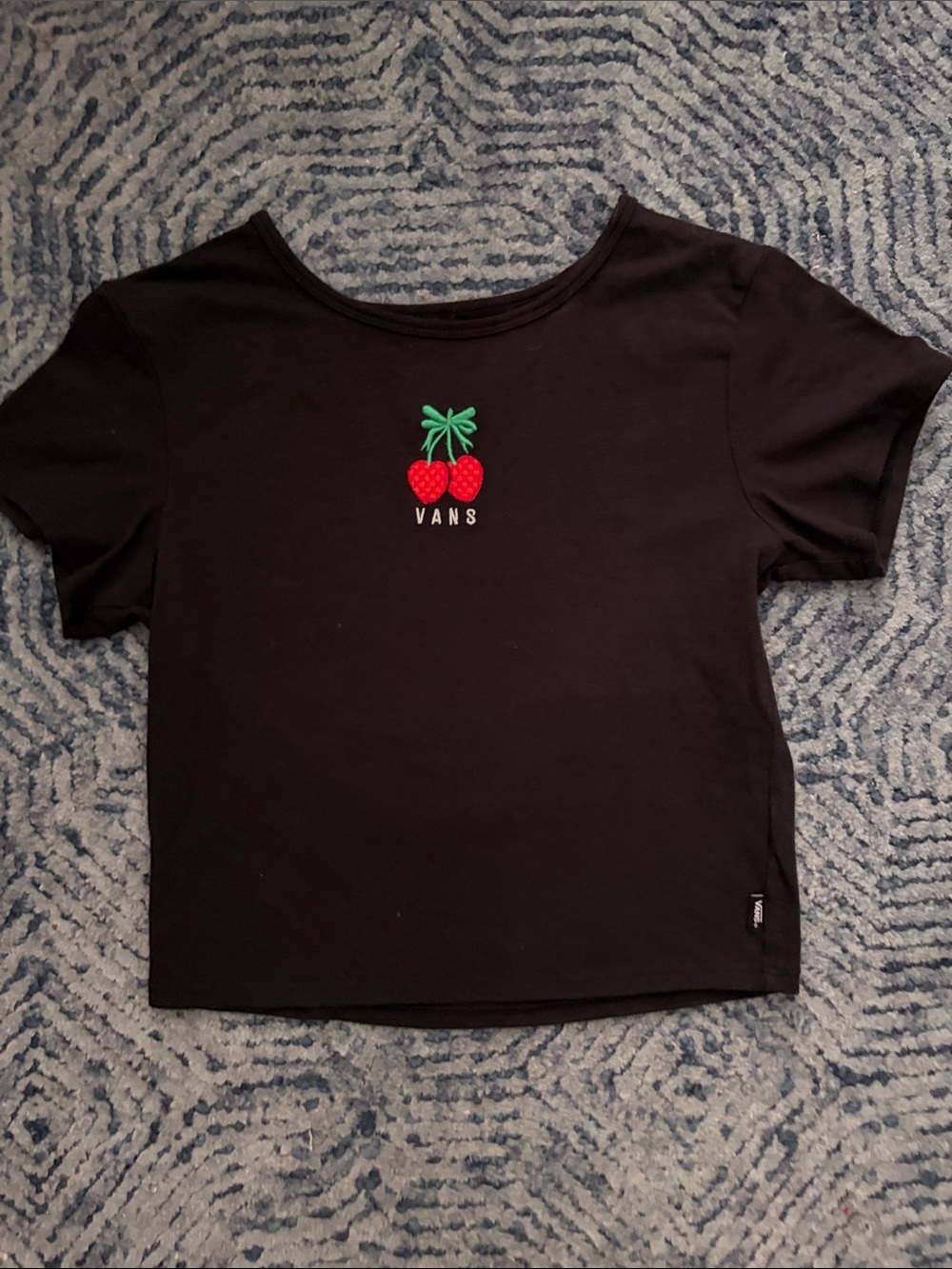 Vans Black Tee with Red Strawberry Patch